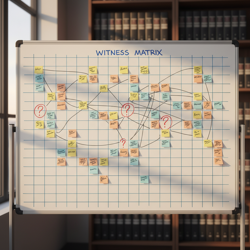 A workplace investigator's structured witness matrix with verbatim quotes and timestamps